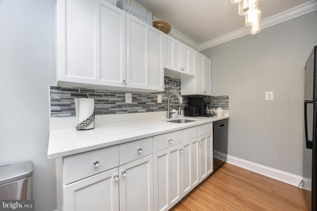 7093 Spring Garden Dr Unit 202, Springfield, VA 22150 - kitchen featuring dishwasher, backsplash, ornamental molding, white cabinets, and light countertops