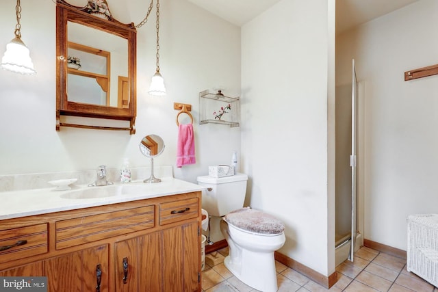 331 Spring Garden St, Ephrata, PA 17522 - bathroom featuring vanity, radiator heating unit, tile patterned flooring, and a shower stall