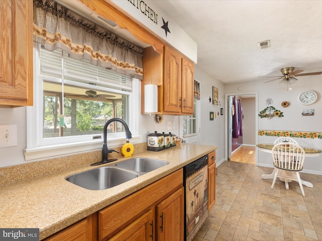 117 Amherst Ct, Stephens City, VA 22655 - kitchen featuring dishwasher, a ceiling fan, and brown cabinets