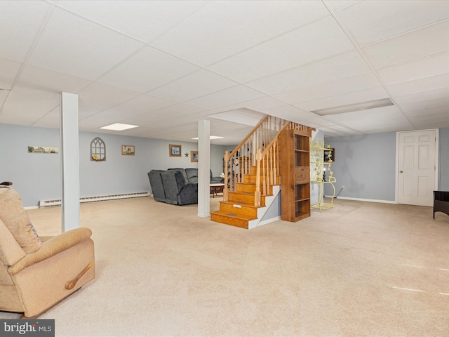 117 Amherst Ct, Stephens City, VA 22655 - living room with stairs, a drop ceiling, carpet flooring, a baseboard radiator, and a baseboard heating unit