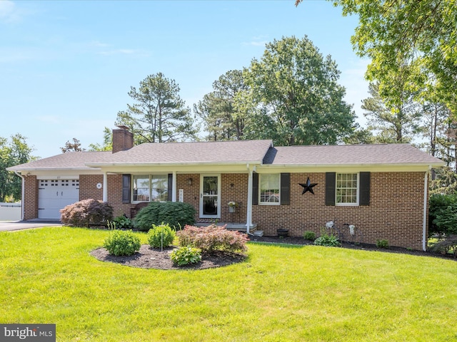 117 Amherst Ct, Stephens City, VA 22655 - ranch-style house featuring a garage, a chimney, a front yard, brick siding, and driveway
