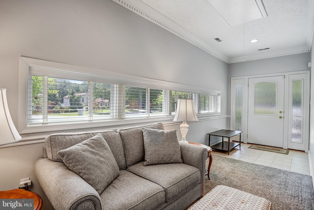 20304 Watkins Meadow Dr, Germantown, MD 20876 - living area featuring attic access, healthy amount of natural light, light tile patterned floors, and ornamental molding