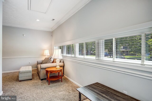 20304 Watkins Meadow Dr, Germantown, MD 20876 - living area with attic access, carpet floors, plenty of natural light, and ornamental molding