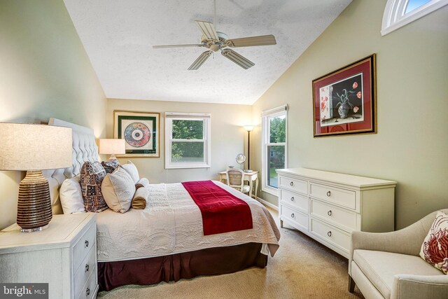 20304 Watkins Meadow Dr, Germantown, MD 20876 - bedroom with vaulted ceiling, light carpet, a textured ceiling, and ceiling fan