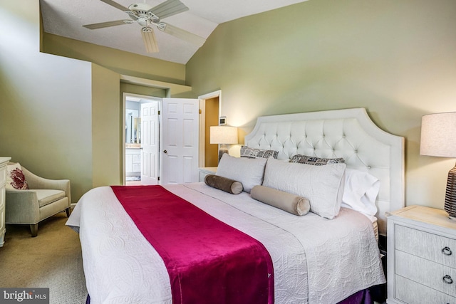 20304 Watkins Meadow Dr, Germantown, MD 20876 - carpeted bedroom with vaulted ceiling, connected bathroom, and ceiling fan