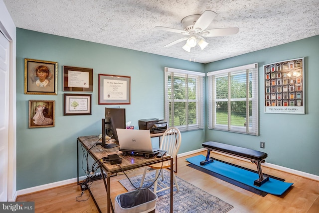 20304 Watkins Meadow Dr, Germantown, MD 20876 - office featuring a ceiling fan, a textured ceiling, and wood finished floors