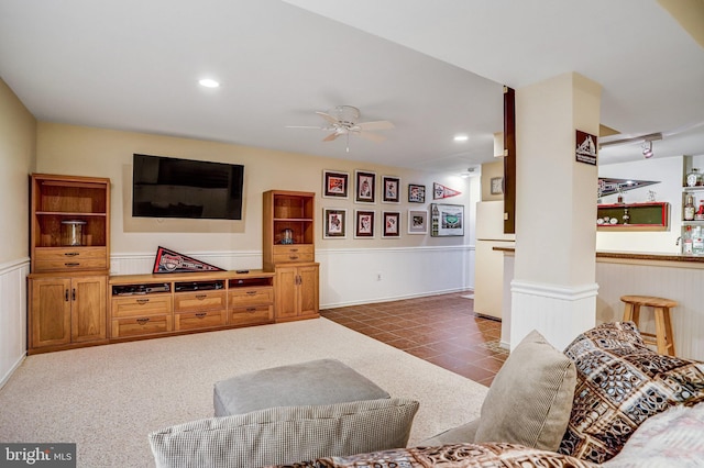 20304 Watkins Meadow Dr, Germantown, MD 20876 - living room with a ceiling fan, a wainscoted wall, and recessed lighting