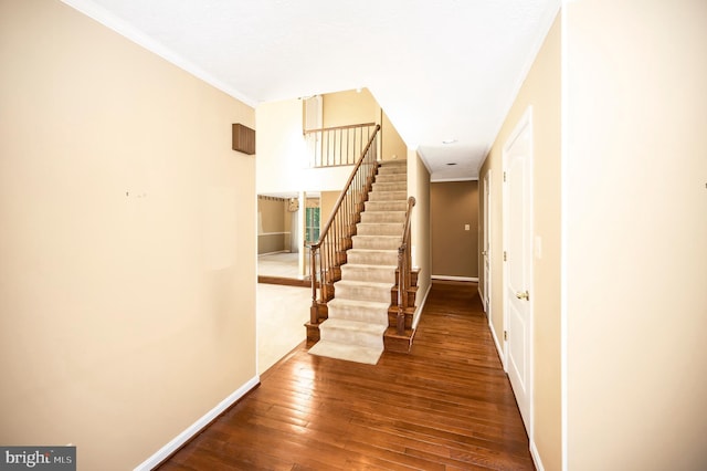 5599 Small Oak Ct, Woodbridge, VA 22192 - stairs featuring hardwood / wood-style floors and ornamental molding