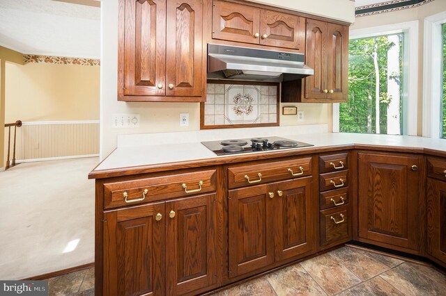 5599 Small Oak Ct, Woodbridge, VA 22192 - kitchen with under cabinet range hood, black electric cooktop, light countertops, wainscoting, and brown cabinetry
