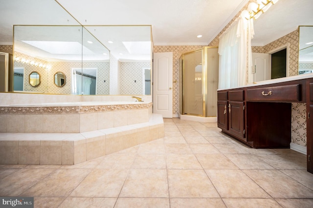 5599 Small Oak Ct, Woodbridge, VA 22192 - bathroom with wallpapered walls, crown molding, vanity, a shower stall, and a garden tub