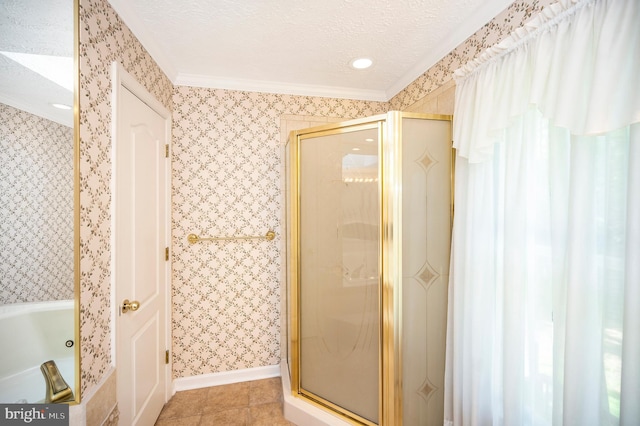 5599 Small Oak Ct, Woodbridge, VA 22192 - full bathroom with a shower stall, crown molding, a textured ceiling, wallpapered walls, and a tub with jets