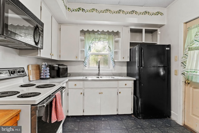 121 Spruce St, Carlisle, PA 17013 - kitchen with black appliances, open shelves, white cabinets, and light countertops
