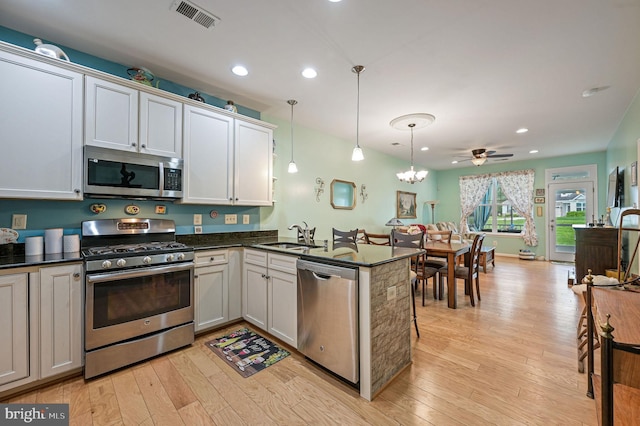 147 Candor Ln, Dover, DE 19901 - kitchen with appliances with stainless steel finishes, a peninsula, recessed lighting, light wood-style flooring, and a ceiling fan
