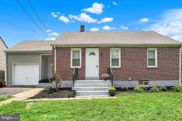 522 E Simpson St, Mechanicsburg, PA 17055 - view of front of home featuring an attached garage, a chimney, a front lawn, a shingled roof, and brick siding