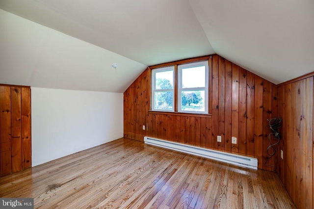 416 Colebrookdale Rd, Boyertown, PA 19512 - additional living space featuring a baseboard radiator, wood finished floors, lofted ceiling, and wood walls