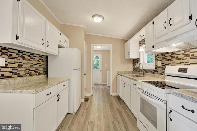 4953 Lincolnwood Dr, York, PA 17408 - kitchen with white appliances, backsplash, white cabinetry, light wood-style floors, and ornamental molding