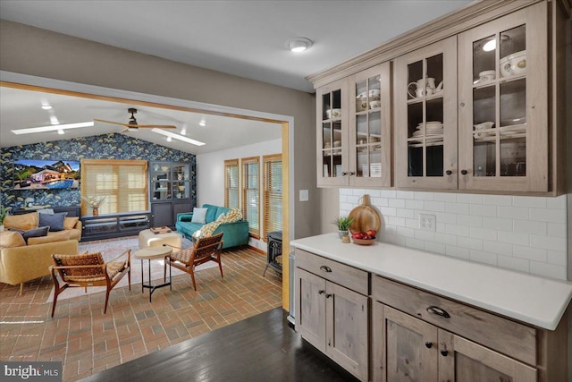 208 Queens Gate Rd, Lititz, PA 17543 - kitchen with lofted ceiling, open floor plan, glass insert cabinets, tasteful backsplash, and a ceiling fan