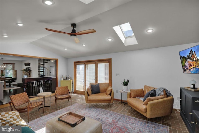 208 Queens Gate Rd, Lititz, PA 17543 - living area featuring vaulted ceiling, plenty of natural light, a skylight, a ceiling fan, and recessed lighting