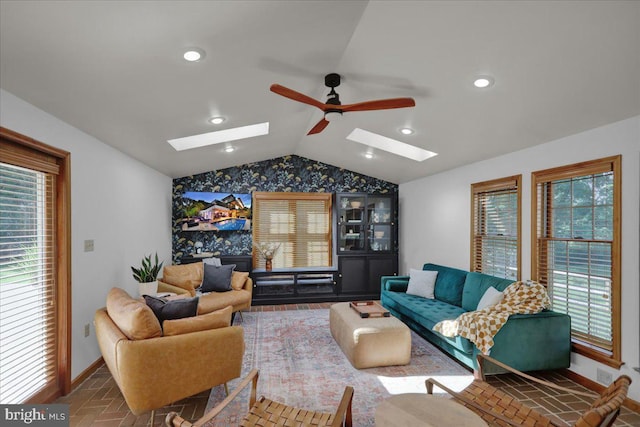 208 Queens Gate Rd, Lititz, PA 17543 - living area featuring a skylight, lofted ceiling, ceiling fan, brick patterned flooring, and recessed lighting