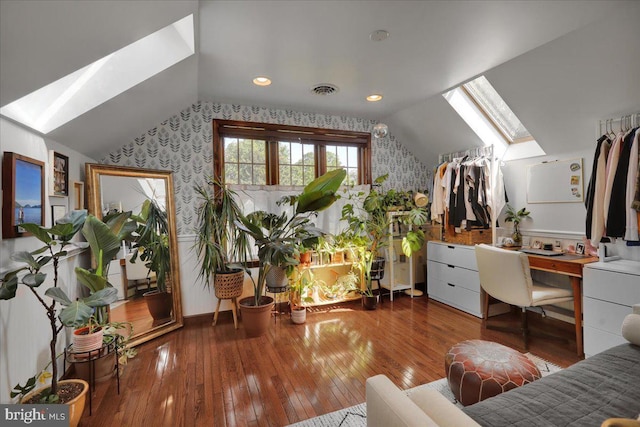 208 Queens Gate Rd, Lititz, PA 17543 - interior space featuring a skylight, wallpapered walls, vaulted ceiling, an office area, and wood-type flooring