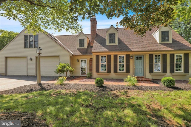 208 Queens Gate Rd, Lititz, PA 17543 - new england style home with driveway, a chimney, a shingled roof, and a front lawn