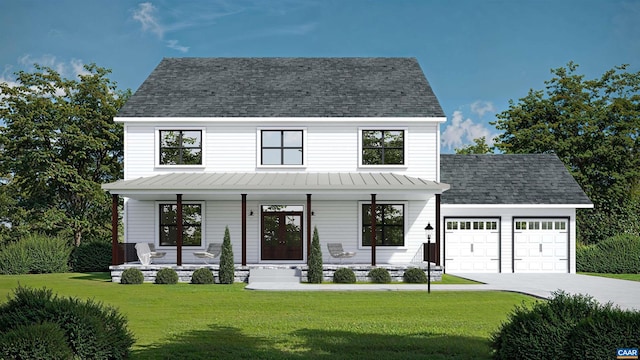 3 Rothwell Ln Lot 3, Crozet, VA 22932 - modern farmhouse with a garage, a porch, a standing seam roof, concrete driveway, and a shingled roof