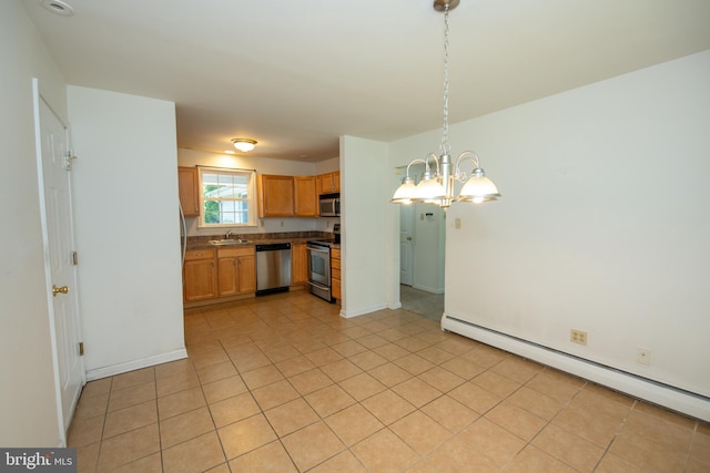 2 Broadale Rd, Doylestown, PA 18901 - kitchen with stainless steel appliances, a baseboard radiator, a chandelier, dark countertops, and decorative light fixtures