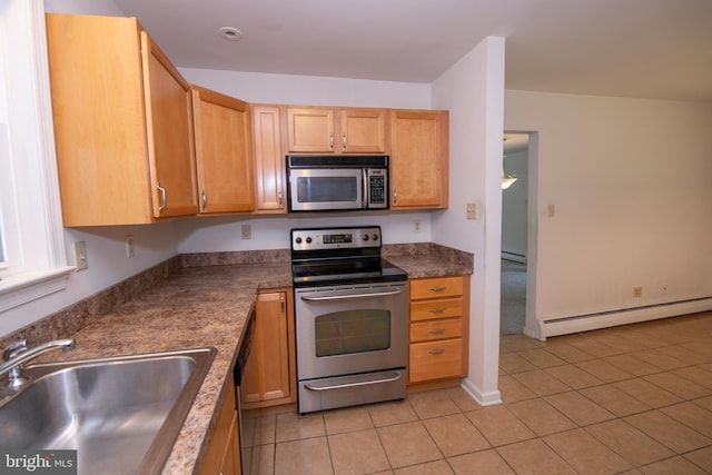 2 Broadale Rd, Doylestown, PA 18901 - kitchen featuring stainless steel appliances, a baseboard radiator, light tile patterned flooring, and dark countertops