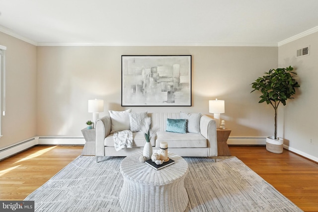 508 Vierling Dr, Silver Spring, MD 20904 - living room with baseboard heating, wood finished floors, ornamental molding, and a baseboard radiator
