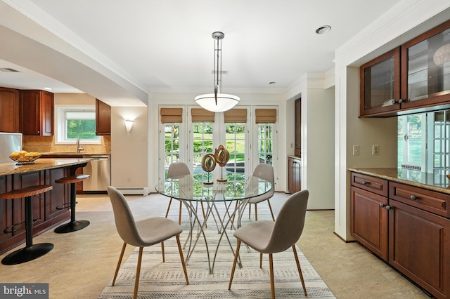 508 Vierling Dr, Silver Spring, MD 20904 - dining room featuring a baseboard heating unit, french doors, recessed lighting, and crown molding