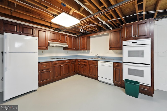 508 Vierling Dr, Silver Spring, MD 20904 - kitchen with white appliances, concrete floors, under cabinet range hood, and light countertops