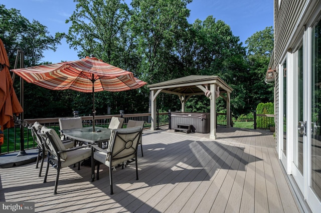 12 Deerpath Ln, Columbus, NJ 08022 - wooden terrace featuring a hot tub, a gazebo, and outdoor dining area