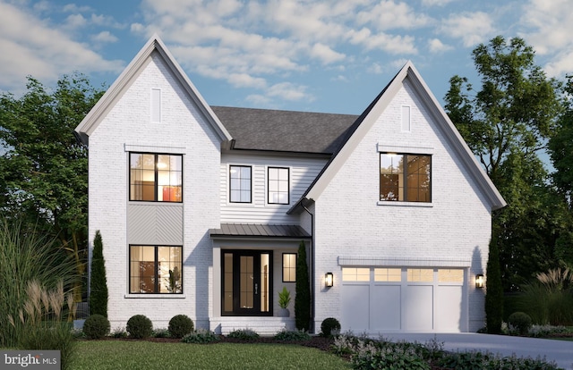 2724 N Dinwiddie St, Arlington, VA 22207 - view of front facade featuring brick siding, an attached garage, driveway, a standing seam roof, and a metal roof