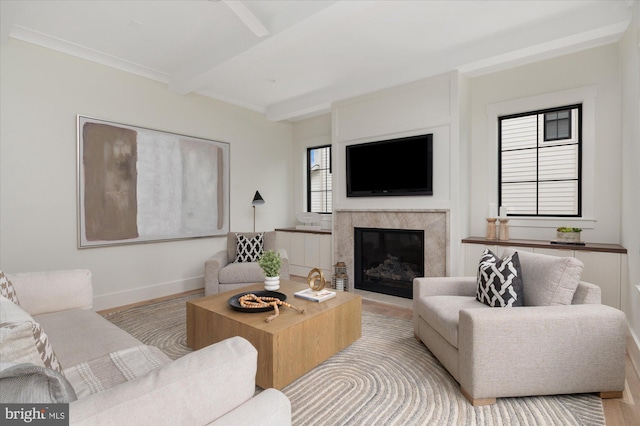 2724 N Dinwiddie St, Arlington, VA 22207 - living room featuring beam ceiling, a premium fireplace, and wood finished floors