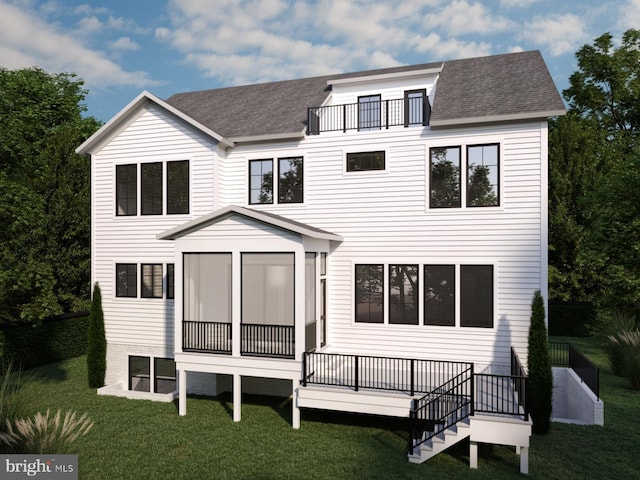 2724 N Dinwiddie St, Arlington, VA 22207 - back of house featuring a balcony, a shingled roof, a lawn, and stairs