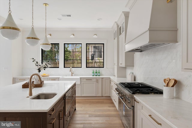 2724 N Dinwiddie St, Arlington, VA 22207 - kitchen with stainless steel appliances, custom range hood, light stone counters, decorative backsplash, and light wood-style flooring