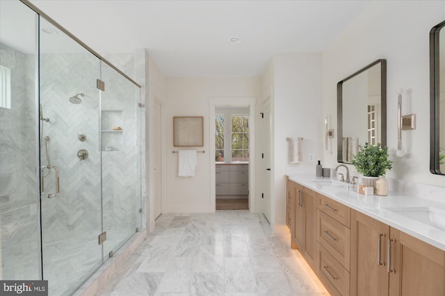 2724 N Dinwiddie St, Arlington, VA 22207 - full bath with double vanity, a shower stall, and marble finish floors