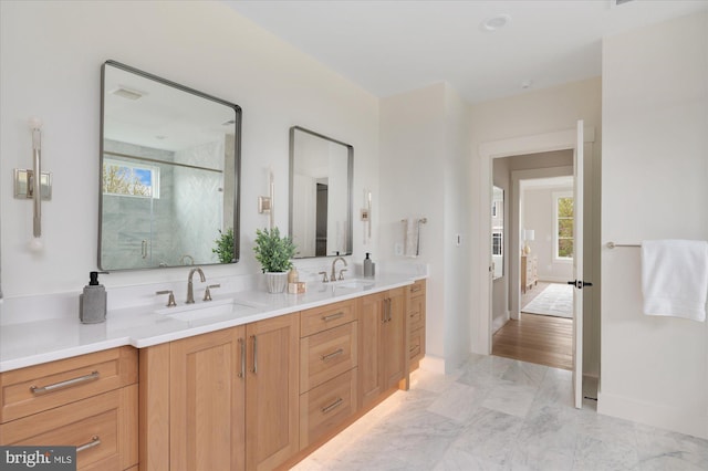 2724 N Dinwiddie St, Arlington, VA 22207 - full bathroom with double vanity, a shower stall, and marble finish floors