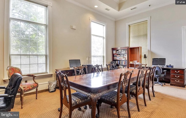 1571 Spring Gate Dr Unit 6314, Mclean, VA 22102 - dining area featuring light colored carpet, plenty of natural light, ornamental molding, and a desk