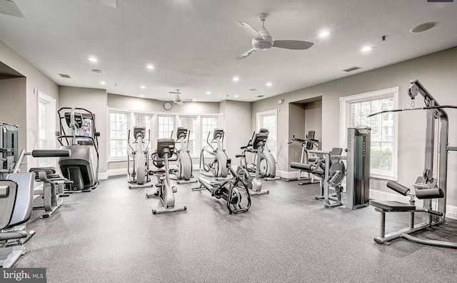 1571 Spring Gate Dr Unit 6314, Mclean, VA 22102 - gym featuring a ceiling fan, recessed lighting, and plenty of natural light