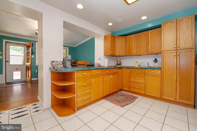 2302 Searles Rd, Dundalk, MD 21222 - kitchen featuring ornamental molding, open shelves, recessed lighting, dark countertops, and light tile patterned floors