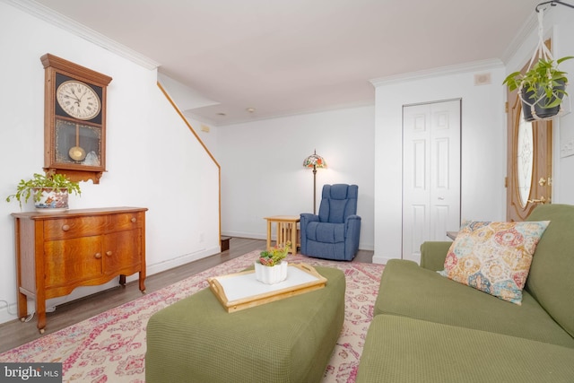 2302 Searles Rd, Dundalk, MD 21222 - living area with crown molding, wood finished floors, and stairs