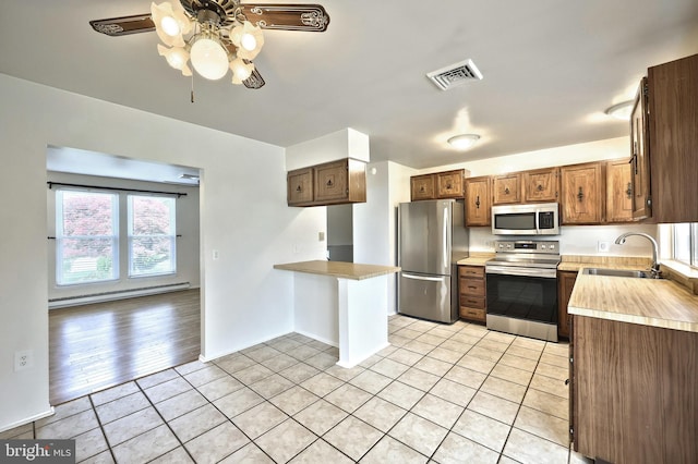 4604 View Dr, Spring Grove, PA 17362 - kitchen featuring stainless steel appliances, light countertops, a ceiling fan, light tile patterned floors, and a peninsula