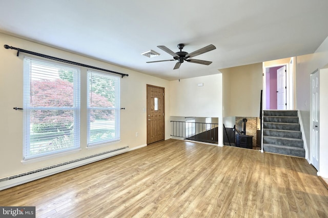 4604 View Dr, Spring Grove, PA 17362 - unfurnished living room featuring baseboard heating, wood finished floors, and ceiling fan