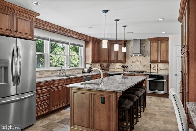 295 Crescent Ave, Moorestown, NJ 08057 - kitchen featuring appliances with stainless steel finishes, wall chimney exhaust hood, light stone counters, backsplash, and recessed lighting