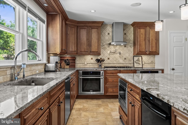 295 Crescent Ave, Moorestown, NJ 08057 - kitchen with appliances with stainless steel finishes, wall chimney exhaust hood, backsplash, stone finish flooring, and light stone counters