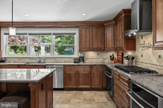 295 Crescent Ave, Moorestown, NJ 08057 - kitchen featuring appliances with stainless steel finishes, wall chimney range hood, backsplash, stone counters, and decorative light fixtures