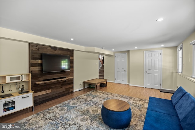 295 Crescent Ave, Moorestown, NJ 08057 - living room featuring stairs, wood finished floors, and recessed lighting