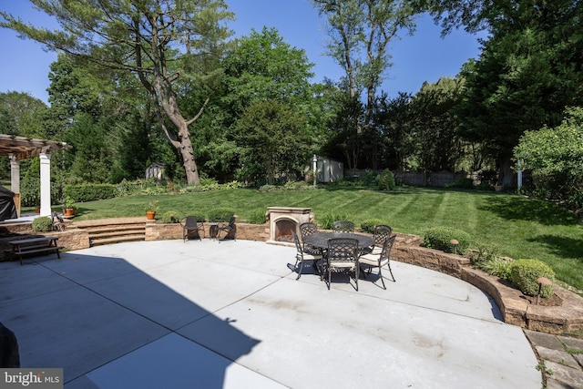 295 Crescent Ave, Moorestown, NJ 08057 - fenced backyard with a patio area, a storage unit, a pergola, outdoor dining area, and view of wooded area