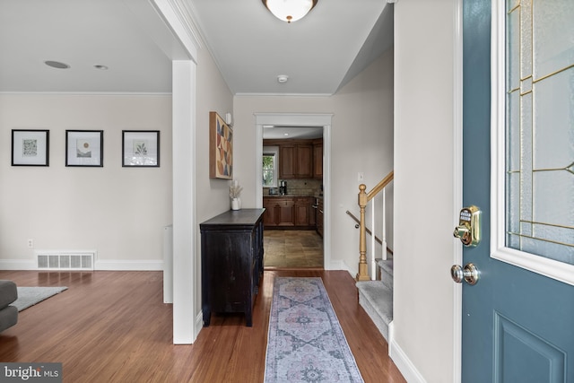295 Crescent Ave, Moorestown, NJ 08057 - foyer featuring dark wood-style floors, stairway, and crown molding